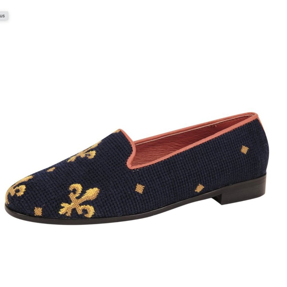 Elegant Navy and Gold Fleur-de-Lis Loafers - Picture 6 of 14